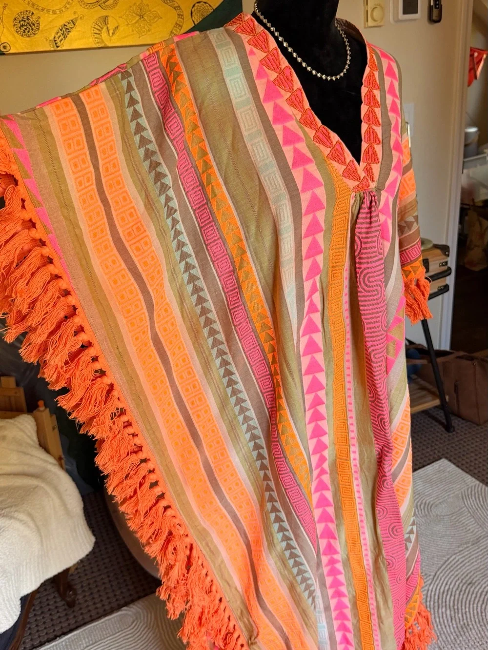 Boho Striped Fringe Poncho in Pink & Orange